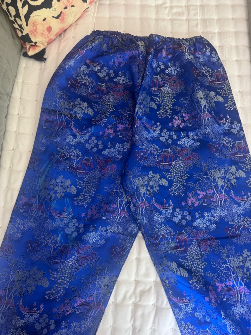 Royal Blue Satin Floral Chinese Pajama Pants